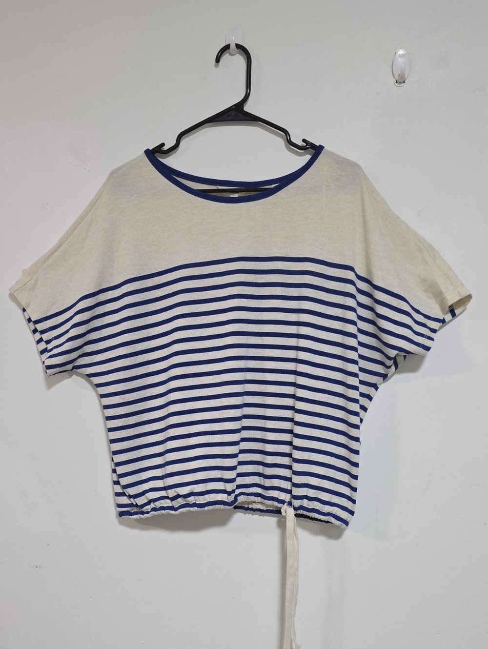 Max Studio Blue & Cream Striped Drawstring Crop Top